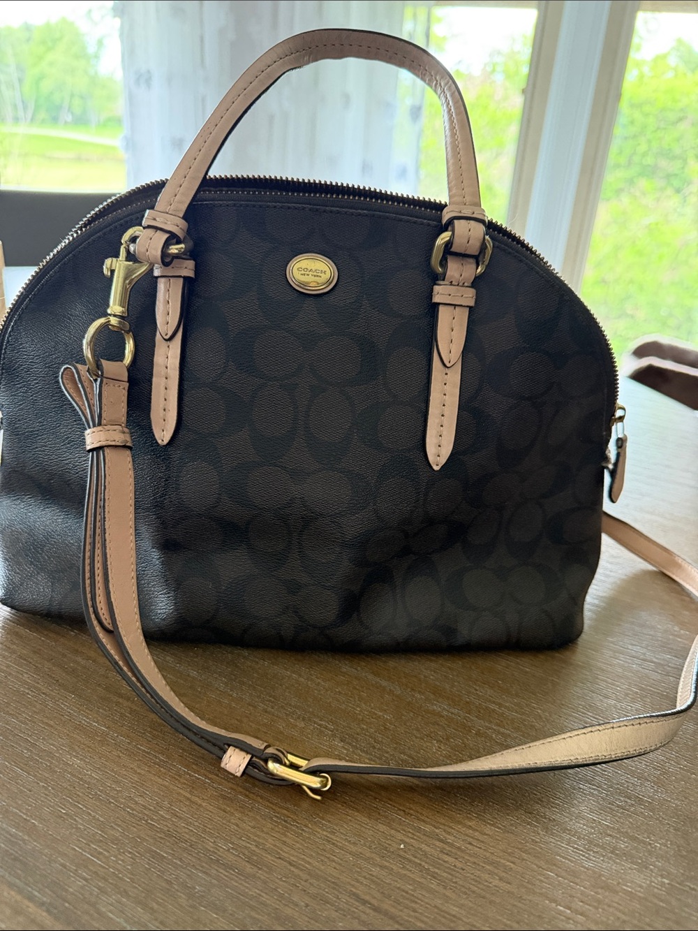 Coach Brown Signature Dome Satchel with Pale Pink Trim